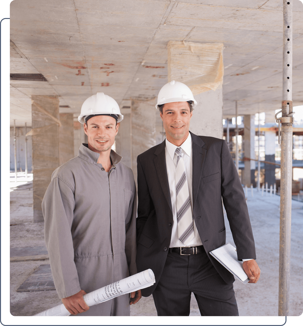 Two men discussing building plans